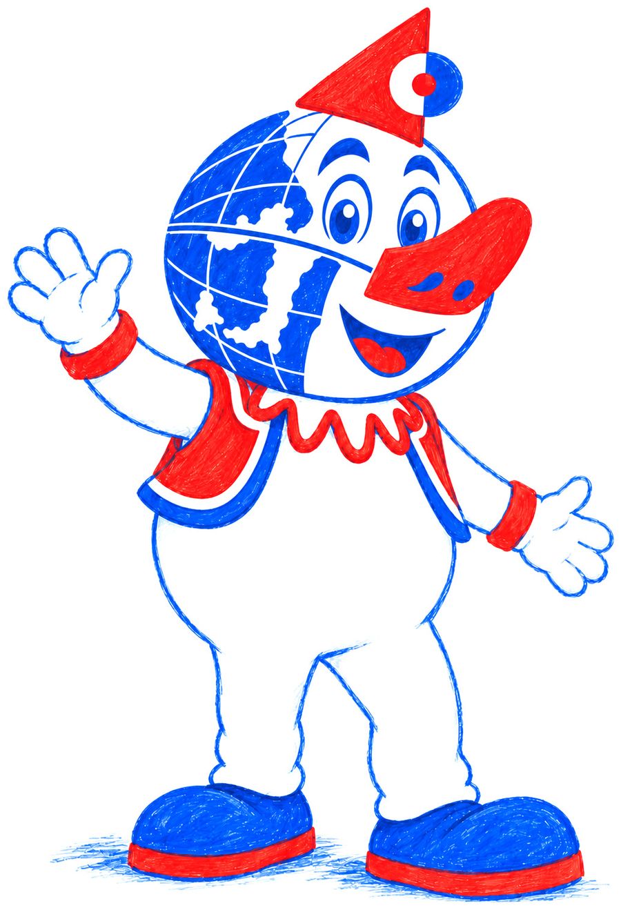 Disegno della nuova mascotte del Carnevale: testa a globo blu, cappello a cono e naso rosso, gilet rosso con la gorgiera, saluta a braccia aperte